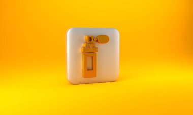 Sarı arka planda izole edilmiş altın parfüm ikonu. Gümüş kare düğme. 3 Boyutlu resimleme.