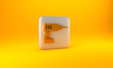 Sarı arka planda izole edilmiş altın elektrikli matkap ikonu. Tamir aleti. Gümüş kare düğme. 3 Boyutlu resimleme.