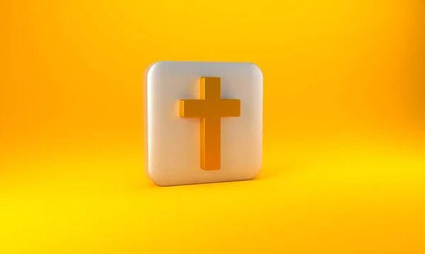 Goud Christelijk Kruis Pictogram Geïsoleerd Gele Achtergrond Kerkkruis Zilveren Vierkante — Stockfoto