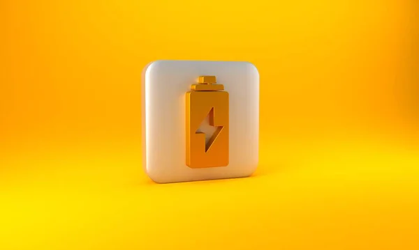 Zlatá Ikona Baterie Izolované Žlutém Pozadí Symbol Blesku Stříbrný Knoflík — Stock fotografie