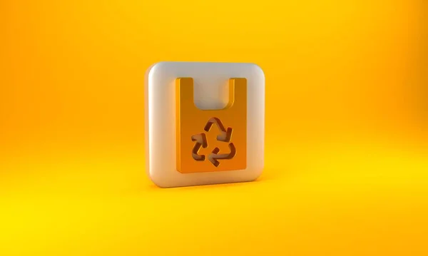 Bolso Plástico Dorado Con Icono Reciclaje Aislado Sobre Fondo Amarillo — Foto de Stock