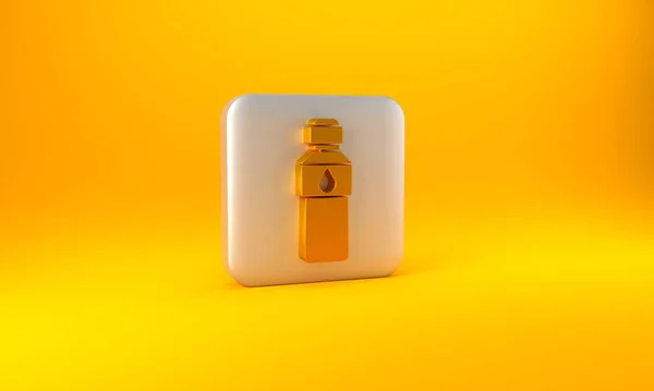 黄色の背景に分離水アイコンのゴールドボトル ソーダアクアドリンクの看板 銀四角形のボタン 3Dレンダリング図 — ストック写真