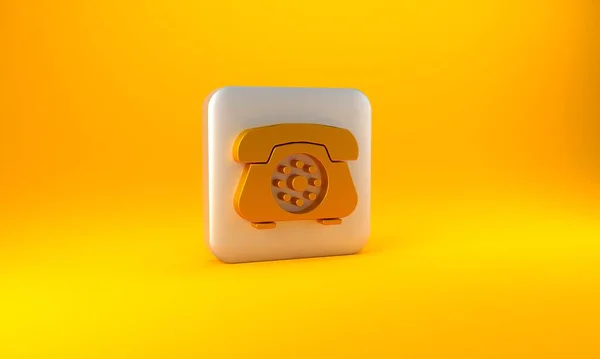 Złota Ikona Telefonu Izolowana Żółtym Tle Telefon Stacjonarny Srebrny Przycisk — Zdjęcie stockowe