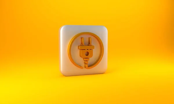 黄色の背景に分離された金の電気プラグアイコン 電気の接続と切断の概念 銀四角形のボタン 3Dレンダリング図 — ストック写真
