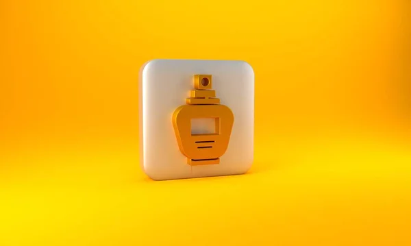 Icono Gold Perfume Aislado Sobre Fondo Amarillo Botón Cuadrado Plateado — Foto de Stock