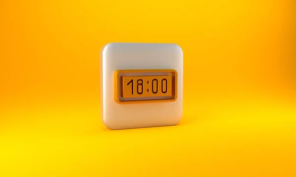 黄色の背景に隔離されたゴールドデジタル目覚まし時計アイコン 電子時計の目覚まし時計 タイムアイコン 銀四角形のボタン 3Dレンダリング図 — ストック写真