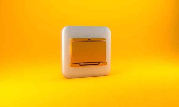 黄色の背景に隔離されたゴールドノートパソコンのアイコン 空の画面表示のコンピュータノートブック 銀四角形のボタン 3Dレンダリング図 — ストック写真