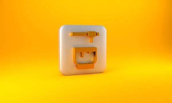 黄金蜂蜜跳水棒和碗图标孤立在黄色背景 蜂蜜勺 银方按钮 3D渲染说明 — 图库照片