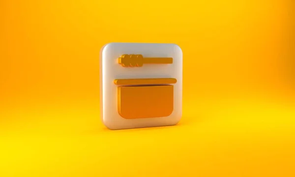 黄色の背景に隔離されたゴールドサウナバケツとラドルアイコン 銀四角形のボタン 3Dレンダリング図 — ストック写真