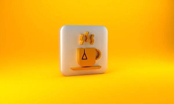 金杯茶与茶袋图标隔离在黄色背景 银方按钮 3D渲染说明 — 图库照片