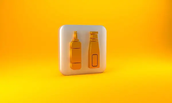 黄金酱汁瓶子图标孤立在黄色背景上 番茄酱 芥末和蛋黄酱瓶 配以酱汁作为快餐 银方按钮 3D渲染说明 — 图库照片
