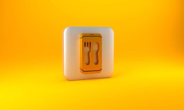 Gold Online sipariş ve fast food dağıtım ikonu sarı arka planda izole edildi. Burger tabelası. Gümüş kare düğme. 3 Boyutlu resimleme.