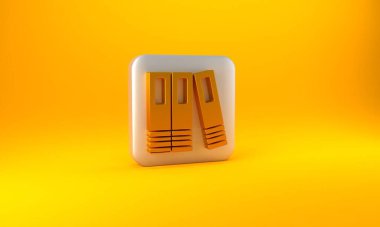 Sarı arkaplanda izole edilmiş belge ve kağıtların olduğu altın ofis dosyaları. Ofis dosyaları. Dosya arşivleme işareti. Gümüş kare düğme. 3 Boyutlu resimleme.