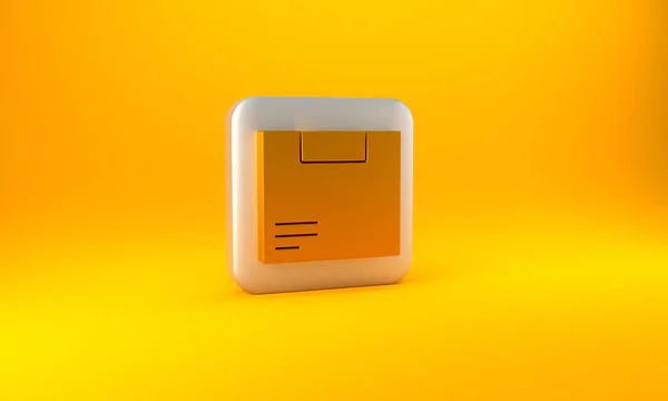 黄色の背景に隔離されたゴールドカートン段ボール箱のアイコン パッケージ 小包サイン 配達と梱包 銀四角形のボタン 3Dレンダリング図 — ストック写真