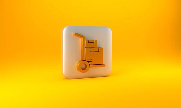 黄金手推车和盒子图标孤立在黄色背景上 多莉符号 银方按钮 3D渲染说明 — 图库照片