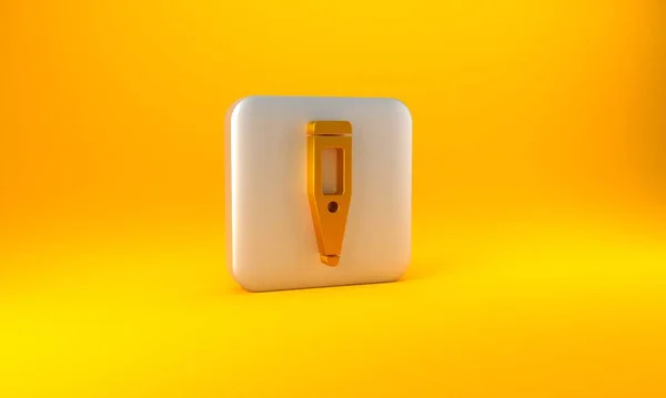 黄色の背景に隔離された医療検査アイコンのためのゴールド医療用デジタル温度計 銀四角形のボタン 3Dレンダリング図 — ストック写真