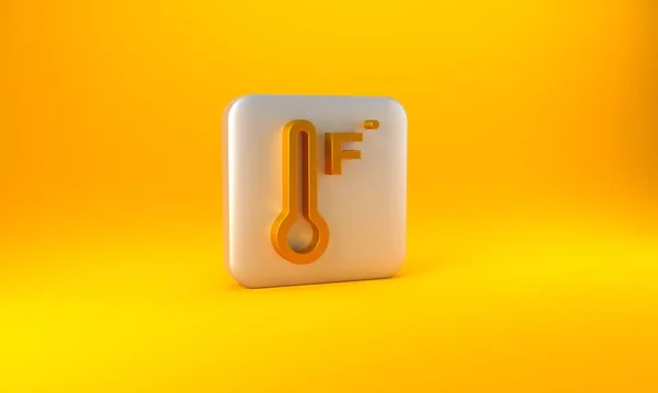 黄色の背景に隔離された熱と冷たいアイコンを測定する金気象温度計 華氏の温度 銀四角形のボタン 3Dレンダリング図 — ストック写真