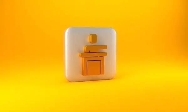 黄色の背景に隔離されたゴールドスピーカーアイコン トリビューンのオーサーだ 人前で話す 表彰台に立つ 銀四角形のボタン 3Dレンダリング図 — ストック写真
