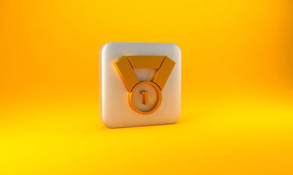 黄色背景上的金质奖章图标 胜利的象征 银方按钮 3D渲染说明 — 图库照片