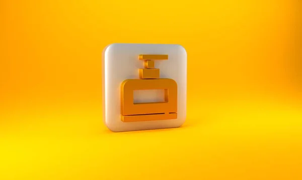 黄色の背景に隔離されたシャンプーアイコンのゴールドボトル 銀四角形のボタン 3Dレンダリング図 — ストック写真