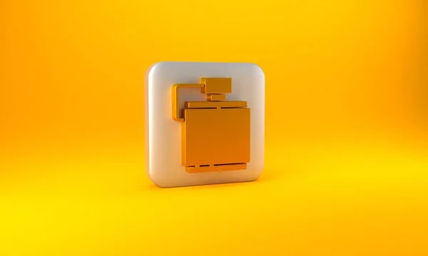 黄色の背景に隔離されたゴールドカノテンウォーターボトルアイコン 観光フラスコのアイコン キャンペーンで水の使用のジャー 銀四角形のボタン 3Dレンダリング図 — ストック写真