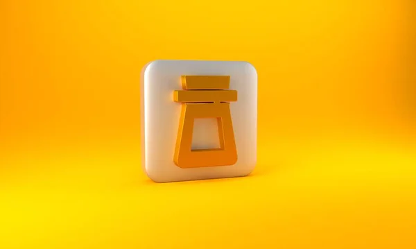 黄色の背景に分離されたポーションアイコンを持つゴールドボトル 魔法の薬でフラスコ ハッピーハロウィンパーティー 銀四角形のボタン 3Dレンダリング図 — ストック写真