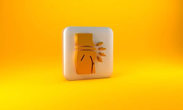 黄色の背景に分離されたゴールド腹部膨潤アイコン 便秘や下痢 銀四角形のボタン 3Dレンダリング図 — ストック写真