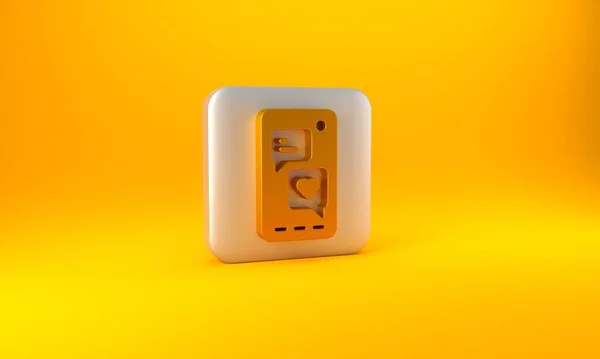 ハート絵文字スピーチバブルとゴールドスマートフォンは黄色の背景に隔離された画面アイコンにメッセージを取得します バレンタインデー 銀四角形のボタン 3Dレンダリング図 — ストック写真