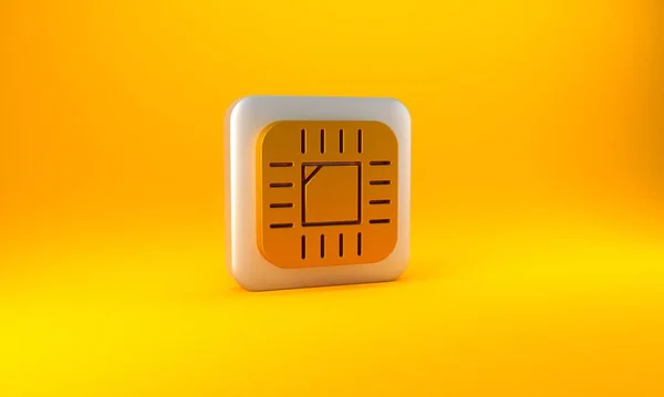 黄色の背景に分離マイクロ回路Cpuアイコンとゴールドコンピュータプロセッサ 回路基板付きチップまたはCpu マイクロプロセッサだ 銀四角形のボタン 3Dレンダリング図 — ストック写真