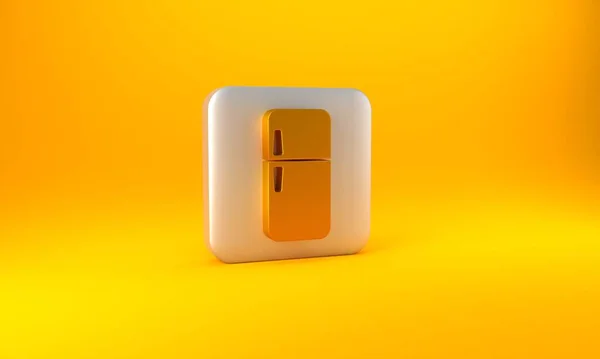 黄色の背景に隔離されたゴールド冷蔵庫のアイコン 冷蔵庫の冷蔵庫 家庭用技術や家電製品 銀四角形のボタン 3Dレンダリング図 — ストック写真