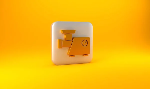 黄色の背景に隔離された金のキッチンミートグラインダーアイコン 銀四角形のボタン 3Dレンダリング図 — ストック写真