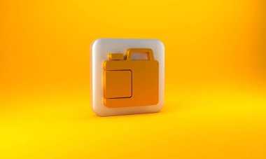 Çamaşır deterjanı, çamaşır suyu, bulaşık deterjanı ya da sarı arka planda izole edilmiş başka bir temizlik malzemesi için altın plastik şişe. Gümüş kare düğme. 3 Boyutlu resimleme.