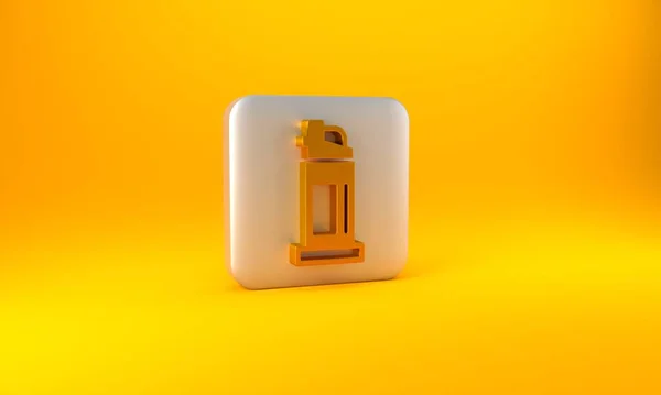 黄色の背景に隔離されたゴールドペッパースプレーアイコン ガスだ カプセウム自己防衛エアロゾル 銀四角形のボタン 3Dレンダリング図 — ストック写真