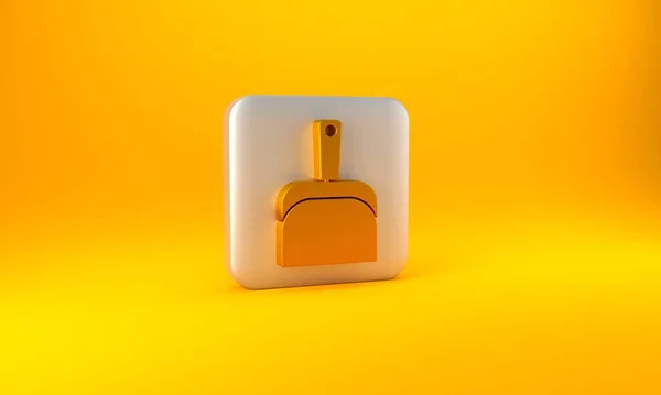 黄色の背景に分離されたゴールドDustpanアイコン クリーニングスクープサービス 銀四角形のボタン 3Dレンダリング図 — ストック写真