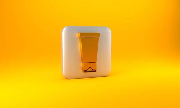 黄色の背景に隔離されたゴールドクリームまたは化粧品チューブアイコン 女性のためのボディケア製品 銀四角形のボタン 3Dレンダリング図 — ストック写真