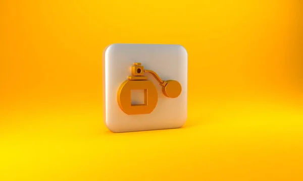 Sarı Arka Planda Izole Edilmiş Altın Parfüm Ikonu Gümüş Kare — Stok fotoğraf