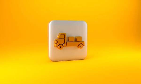 Gold Pickup Truck Icon Isolated Yellow Background Silver Square Button — Stock Photo, Image