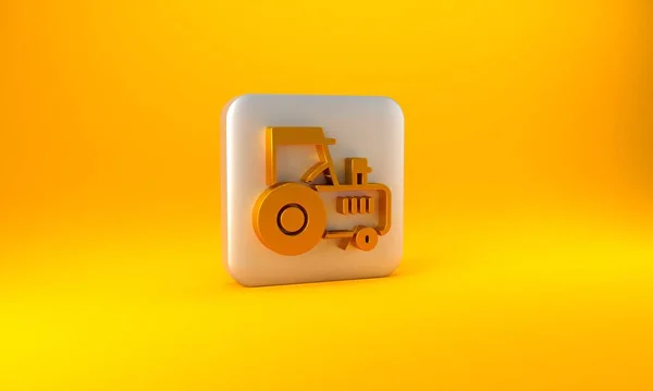 Значок Gold Tractor Выделен Желтом Фоне Серебряная Кнопка Рендеринг — стоковое фото