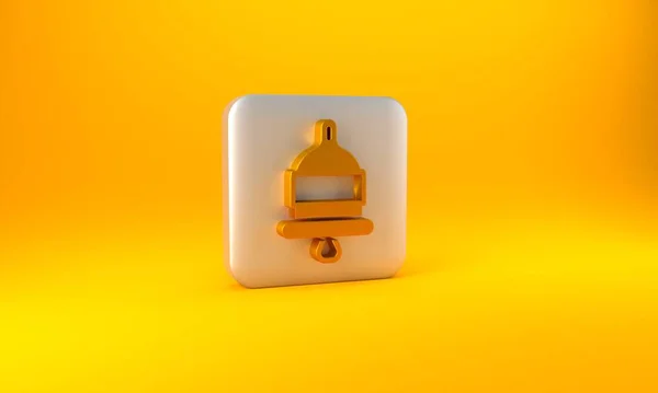 黄色の背景に隔離されたゴールドリングアラームベルアイコン 火災警報システム サービスベル ハンドベル記号 通知記号 銀四角形のボタン 3Dレンダリング図 — ストック写真