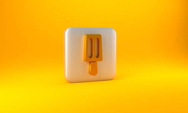 黄色背景上孤立的棒子图标上的金冰淇淋 甜蜜的象征 银方按钮 3D渲染说明 — 图库照片