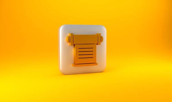 黄色の背景に隔離された金の政令 羊皮紙 スクロールアイコン 銀四角形のボタン 3Dレンダリング図 — ストック写真