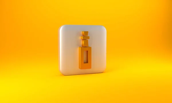 黄色の背景に単離されたオリーブオイルアイコンのゴールドボトル オリーブオイルのアイコンでジャグ 銀四角形のボタン 3Dレンダリング図 — ストック写真