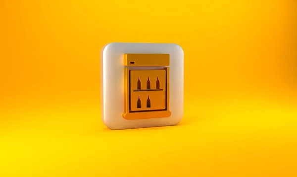 黄色の背景に隔離された飲料アイコンを格納するための金商業冷蔵庫 店やスーパーマーケットのための生鮮食品 銀四角形のボタン 3Dレンダリング図 — ストック写真