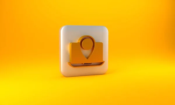 Laptop Gold Com Ícone Marcador Localização Isolado Fundo Amarelo Botão — Fotografia de Stock