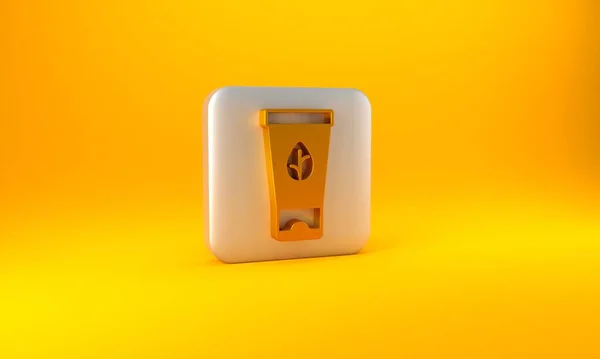 黄色の背景に単離された金有機化粧品アイコン ボディケア製品 銀四角形のボタン 3Dレンダリング図 — ストック写真