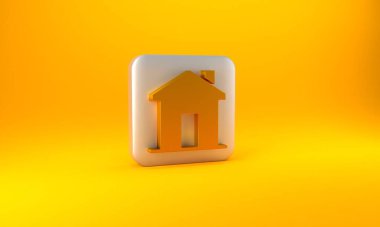 Sarı arka planda izole edilmiş Altın Ev simgesi. Emlakçı ya da köy elit sınıfı. Gümüş kare düğme. 3 Boyutlu resimleme.