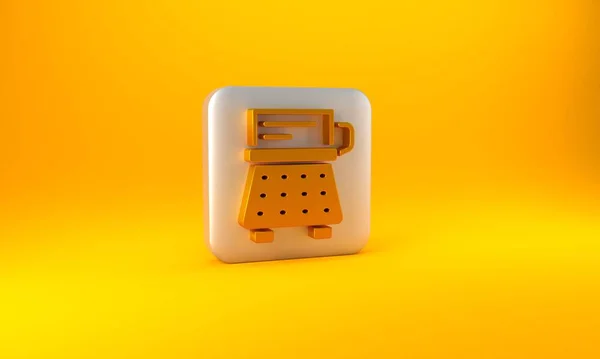 黄色の背景に隔離された金のレトロタイプライターと紙のシートアイコン 銀四角形のボタン 3Dレンダリング図 — ストック写真