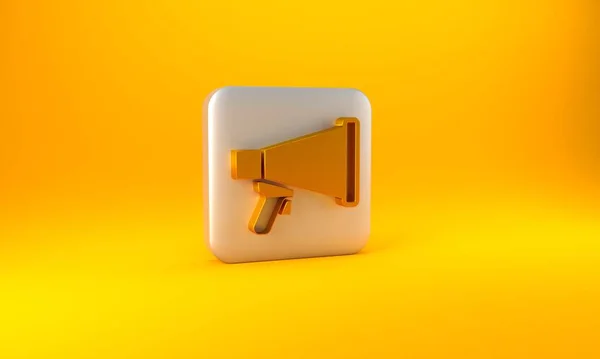 黄色の背景に隔離された金のメガホンアイコン スピーカーサイン 銀四角形のボタン 3Dレンダリング図 — ストック写真