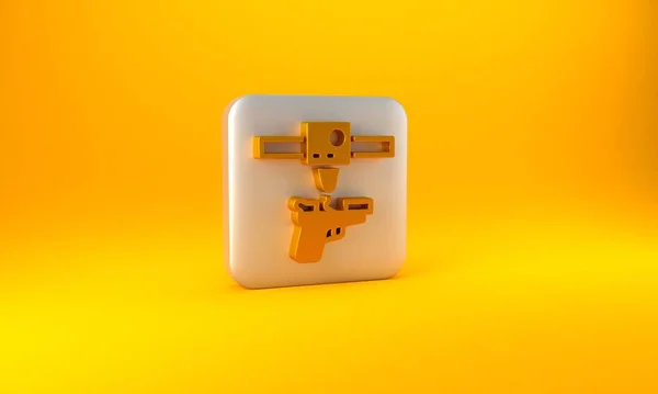 黄金3D打印机枪图标孤立在黄色背景 3D打印 银方按钮 3D渲染说明 — 图库照片