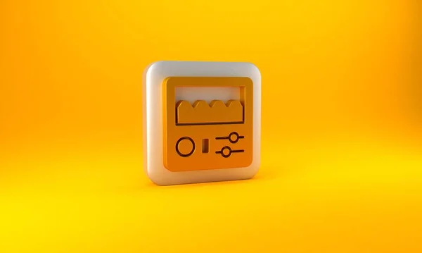 黄色の背景に分離されたゴールドドラムマシンアイコン 楽器だ 銀四角形のボタン 3Dレンダリング図 — ストック写真